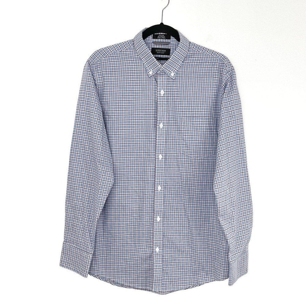 Nordstrom Men's Shirt Regular Fit Long Sleeve Light Blue Plaid Large